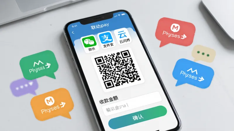 一张展示联动pay多码合一收款功能的AI图片,主体为手机屏幕显示联动pay收款页面,页面中央是一个大二维码,二维码上方并排显示微信、支付宝、云闪付三个支付图标,下方是收款金额输入框和确认收款按钮,手机旁边散落着几个不同颜色的支付成功气泡,背景为浅灰色工作台面,布局清晰层次分明,风格简洁商务,画质干净无多余元素