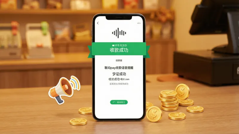 一张展示联动pay收款语音提醒功能的图片,主体为一部手机放在木质桌面上,手机屏幕亮起显示收款成功页面,屏幕上方有一个声波图标和“收款成功”的绿色横幅,手机旁边有一个小喇叭图标和金币散落的装饰元素,背景为暖色调的店铺收银台环境,布局以手机为中心,风格温馨实用,画质清晰干净无多余元素