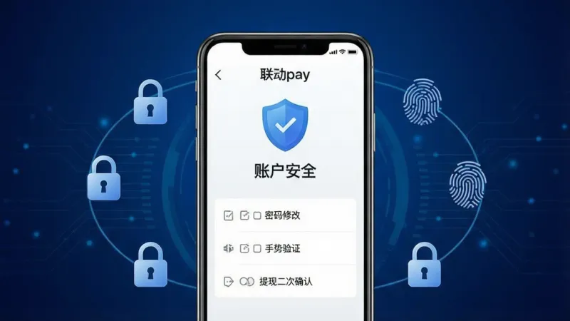 一张展示联动pay安全加密功能的图片,主体为手机屏幕显示联动pay的安全设置页面,页面上有一个盾牌图标和“账户安全”字样,下方列出密码修改、手势验证、提现二次确认等选项,手机周围环绕着锁和指纹的图标元素,背景为深蓝色科技感渐变,布局居中对称,风格安全稳重,画质干净无多余元素