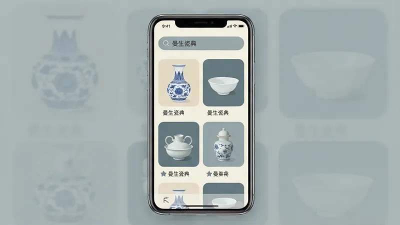 一张展示曼生瓷典App核心界面的手机样机图,画面中心是一部现代智能手机,屏幕上显示着App首页,顶部搜索栏写着“曼生瓷典”,下方是网格排列的精美陶瓷器物缩略图,包含青花瓷瓶、白瓷碗等,界面以米白色和青灰色为主色调,整体布局简洁大气,风格为现代扁平化设计,细节圆润,画质干净清晰,无多余元素