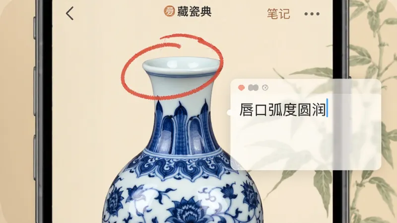一张曼生瓷典App离线收藏与笔记功能的界面图,手机屏幕显示着一件青花梅瓶的高清图片,图片上有一个手绘的红色圆圈标注在瓶口位置,旁边有一个半透明的笔记输入框,里面写着“唇口弧度圆润”,整体界面以米色为底,风格温馨实用,画质干净