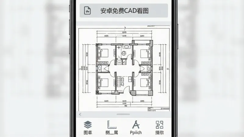手机屏幕竖屏展示,画面中央是“安卓免费CAD看图”软件的主界面,界面布局简洁,顶部是文件打开按钮,中间区域显示一张清晰的建筑平面CAD图纸线条,底部是图层、测量、标注等工具栏图标,背景是干净的浅灰色,风格现代扁平化,细节清晰,画质干净无多余元素