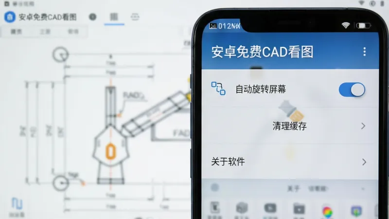 手机屏幕显示“安卓免费CAD看图”的设置菜单界面,菜单中有“自动旋转屏幕”开关、“清理缓存”按钮、“关于软件”选项,背景是软件主界面虚化,界面风格简洁,图标清晰,画质干净
