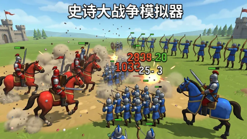 史诗大战争模拟器战斗进行中的画面,红蓝两军正在激烈交战,骑兵冲入步兵方阵,弓箭手在后排射击,画面中有飘动的伤害数字和尘土粒子效果,顶部有“史诗大战争模拟器”文字,风格为卡通渲染,布局为全景战场视角,画质干净,无多余UI元素