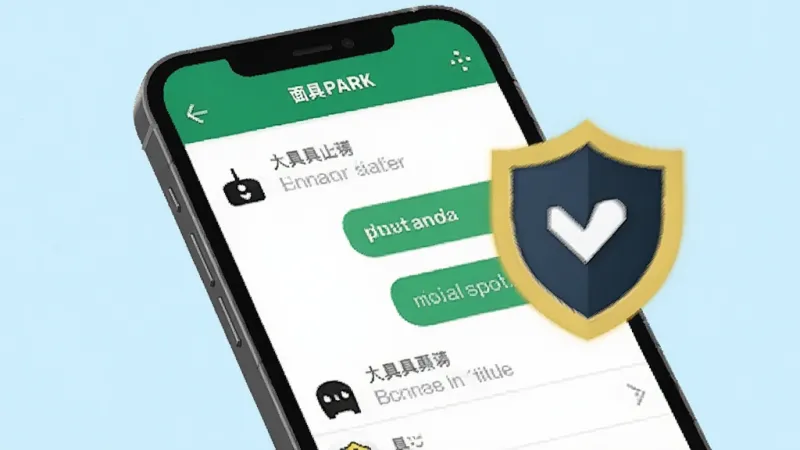 一个手机屏幕显示着面具公园的聊天界面,旁边有一个盾牌图标代表安全防护,背景是淡蓝色,风格简洁明快,画质干净无多余元素。