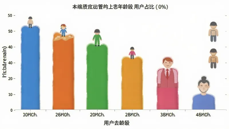 一个柱状图展示不同年龄段的用户占比,柱状图颜色鲜艳,旁边有小人图标代表不同年龄,背景简洁,画质干净无多余元素。