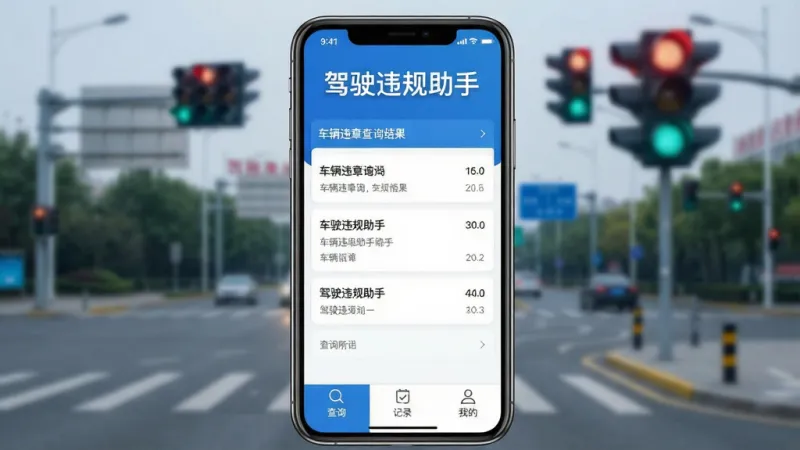 一张手机应用界面截图,画面中央展示“驾驶违规助手”APP的主页,顶部有醒目的软件名称“驾驶违规助手”,背景是城市道路和交通信号灯的虚化场景,界面以蓝白配色为主,中间显示车辆违章查询结果列表,底部有查询、记录、我的三个导航按钮,风格简洁现代,画质清晰,干净无多余元素