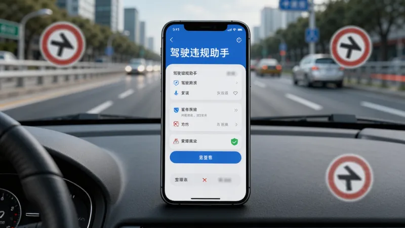 一张AI生成的图片,主体是一部智能手机放在汽车仪表盘上,手机屏幕显示“驾驶违规助手”的查询结果页面,背景是模糊的城市道路,布局上手机居中,周围有淡淡的交通标志图标环绕,风格写实科技感,细节清晰,画质干净,无多余元素