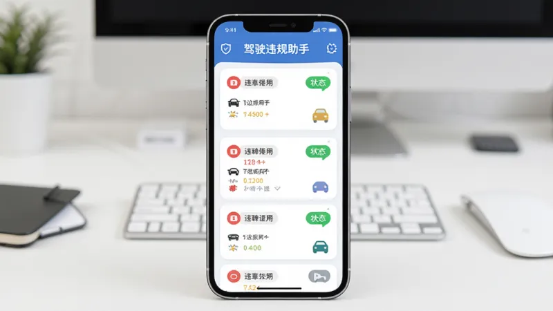一张AI生成的图片,画面展示“驾驶违规助手”的记录管理界面,手机屏幕中显示多条违章记录卡片,每张卡片有红色或绿色的状态标签,背景是简洁的办公桌面,布局居中,风格扁平化设计,细节圆润,画质清晰,干净无多余元素