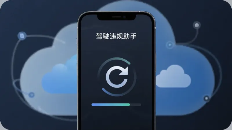 一张AI生成的图片,主体是手机屏幕显示“驾驶违规助手”的数据同步动画,屏幕中央有一个旋转的刷新图标和进度条,背景是抽象的云同步概念图,布局上手机居中,风格科技简约,细节清晰,画质干净,无多余元素