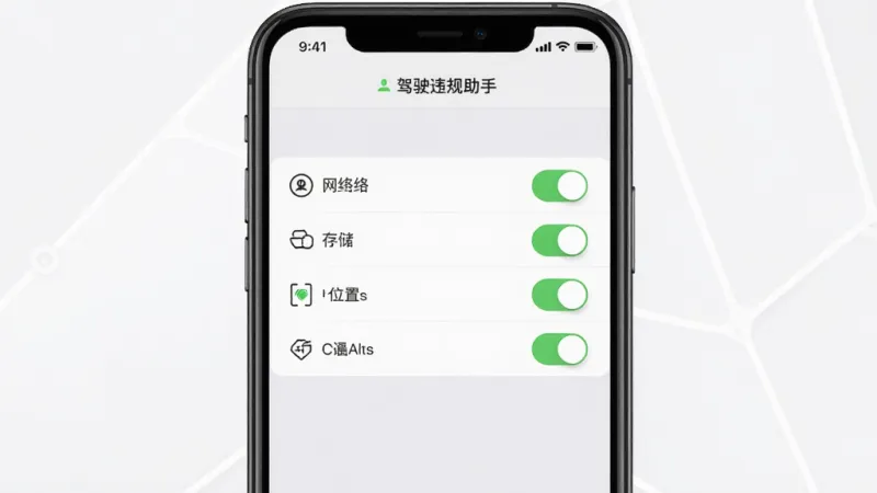 一张AI生成的图片,画面展示“驾驶违规助手”在手机上的安装权限设置界面,屏幕中显示网络、存储、位置等权限开关,背景是浅灰色设置页风格,布局居中,风格简洁明了,细节清晰,画质干净,无多余元素