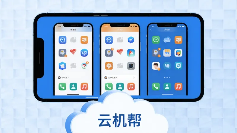 一张展示云机帮多开功能的示意图,画面中一部手机屏幕上同时显示三个并排的虚拟手机窗口,每个窗口里运行着不同的应用图标,手机下方有云朵托举,背景是淡淡的网格纹理,风格为扁平化科技风,色彩以蓝白为主,点缀少量橙色高光,画质干净无多余元素,画面中带有“云机帮”文字标识