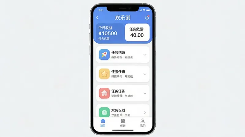 一张手机应用界面展示图,主体是“欢乐创”App的主页,布局顶部显示今日收益金额和任务数量,中间是任务列表卡片,每个卡片带有小图标和简短任务描述,底部为首页、任务、我的三个选项卡,排版简洁明了,风格为现代扁平化设计,细节圆润,画质干净清晰,无多余元素