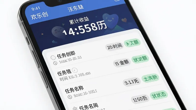 一张手机屏幕截图风格的图片,画面显示“欢乐创”应用的收益明细页面,布局顶部是累计收益数字,下方是列表形式展示每一笔任务名称、时间、金额和状态标签,排版整齐,风格干净现代,细节清晰,画质无多余元素