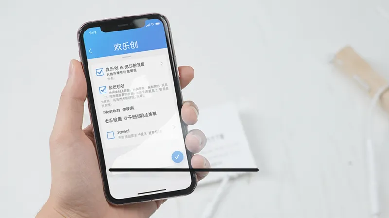 一张手机操作场景示意图,画面中一只手拿着手机,屏幕显示“欢乐创”的权限设置页面,旁边有勾选框和文字说明,背景简洁,风格写实扁平,细节清晰,画质干净无多余元素