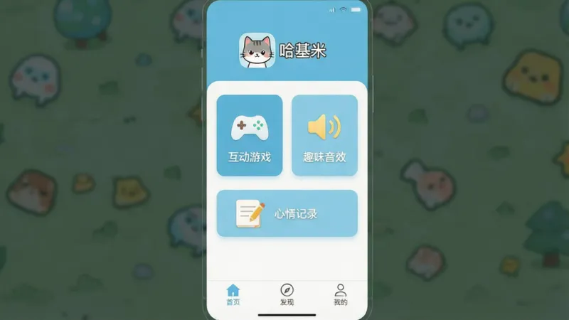 一张高清手机截图,展示“哈基米”软件的主界面,界面设计简洁清爽,以浅蓝色和白色为主色调,顶部显示“哈基米”的卡通猫咪图标和软件名称,中间排列着几个大图标按钮,分别标注“互动游戏”、“趣味音效”、“心情记录”,底部是“首页”、“发现”、“我的”三个选项卡,整体风格扁平化,画质干净,无多余文字和元素