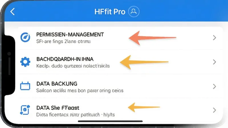 一张手机屏幕截图，显示HFfit Pro的设置界面，有权限管理、后台运行、数据备份等选项，画面清晰，风格简洁，带有指引箭头，画质干净，无多余元素