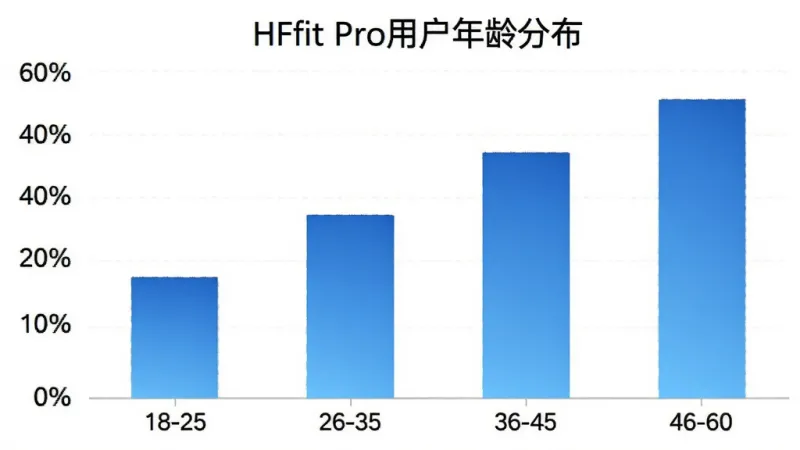 一张柱状图，展示HFfit Pro用户年龄分布，横轴为年龄段18-25、26-35、36-45、46-60，纵轴为用户占比百分比，柱子颜色为渐变的蓝色，图表标题为“HFfit Pro用户年龄分布”，整体风格简洁专业，画质清晰，无多余元素