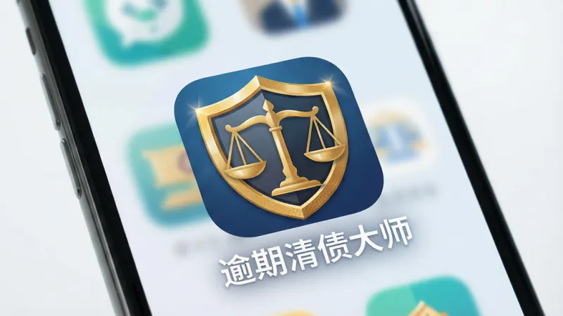 一张手机屏幕特写,屏幕居中显示APP图标和名称“逾期清债大师”,图标为盾牌与天平结合的金色徽章风格,背景模糊处理,画面干净明亮,突出主体,整体布局居中构图,现代扁平插画风格,细节包含图标纹理与光影,画质高清干净,无多余元素
