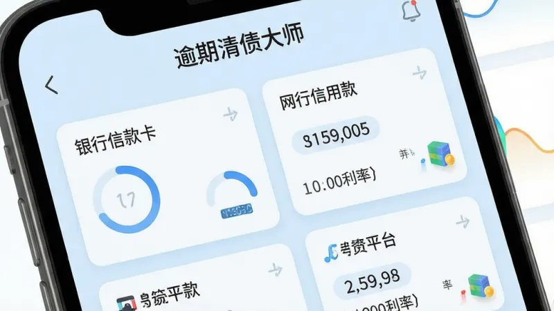 手机界面显示债务聚合列表,顶部有“逾期清债大师”标题栏,下方清晰分栏展示银行信用卡、网贷平台等卡片,每张卡片标注欠款金额、到期日与利率,背景为浅蓝色数据面板,排版错落有致,风格简洁数据可视化,细节有进度环与数字跳动效果,画质干净无多余元素