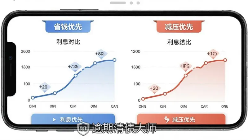 手机界面展示两种还款策略切换对比,左侧是“省钱优先”标签,右侧是“减压优先”标签,中间以折线图对比展示利息曲线,底部有“逾期清债大师”水印,布局左右对称,风格现代商务,细节有数据标注小箭头,画质干净无多余元素