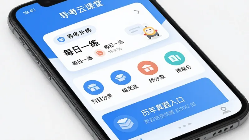 一张手机屏幕展示导考云课堂APP主界面,标题文字写“导考云课堂”,界面布局上方是每日一练卡片,中间是科目分类图标,下方是历年真题入口,整体采用蓝白配色,风格简洁现代,画质干净清晰,无多余元素