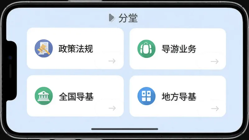 手机屏幕多窗口展示导考云课堂科目分类界面,文字标注“政策法规”“导游业务”“全国导基”“地方导基”,每个科目配有小图标,背景浅蓝色,布局整齐,风格扁平化,画质清晰,无多余装饰