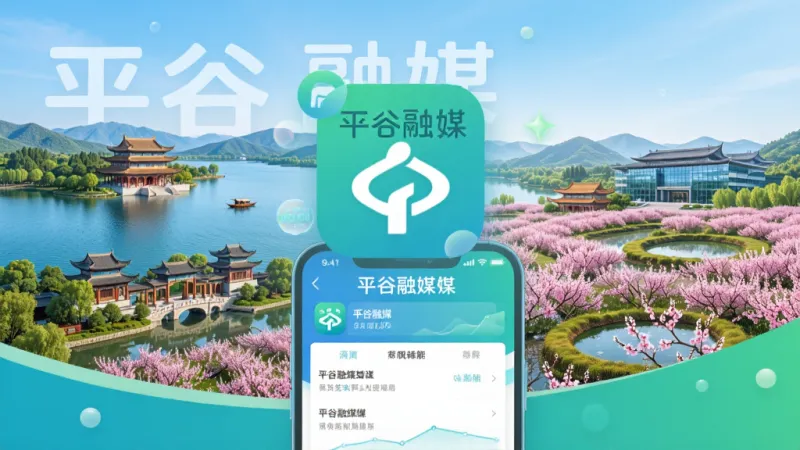 一张展示平谷融媒App核心功能的宣传图,画面中央是平谷融媒的App图标和界面截图,背景是平谷区标志性建筑和自然风光,如金海湖、桃花海等元素,整体风格清新明亮,色彩以蓝绿色调为主,画面干净整洁,无多余装饰元素,高清画质,适合作为应用下载页面的主视觉图