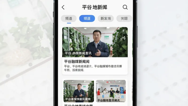 一张展示平谷融媒新闻资讯功能的界面示意图,画面主体是手机屏幕中显示平谷本地新闻列表,顶部有频道切换标签,新闻卡片带有缩略图和标题,背景是简洁的浅色系,整体风格现代扁平化,画质干净清晰,无多余元素