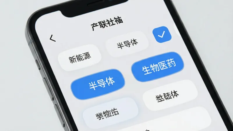 产联社APP的个性化订阅界面,手机屏幕显示多个行业标签如“新能源”、“半导体”、“生物医药”等,部分标签被勾选高亮,背景为浅灰色,界面布局清晰,文字标签明确,风格简洁现代,画质干净无多余元素