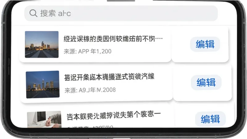 产联社APP的收藏夹界面,手机屏幕显示已收藏的文章列表,每篇文章有标题和来源,右侧有“编辑”按钮,顶部有搜索框,背景为白色,列表项有轻微的阴影分隔,风格清爽,画质干净,无多余元素