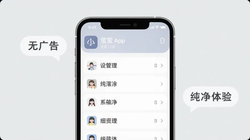 小萤家App无广告纯净界面展示,手机屏幕显示设备管理列表,界面清爽无弹窗,周围有“无广告”“纯净体验”文字气泡,背景为浅灰色,简约现代风格,扁平化设计,画质干净无杂乱元素