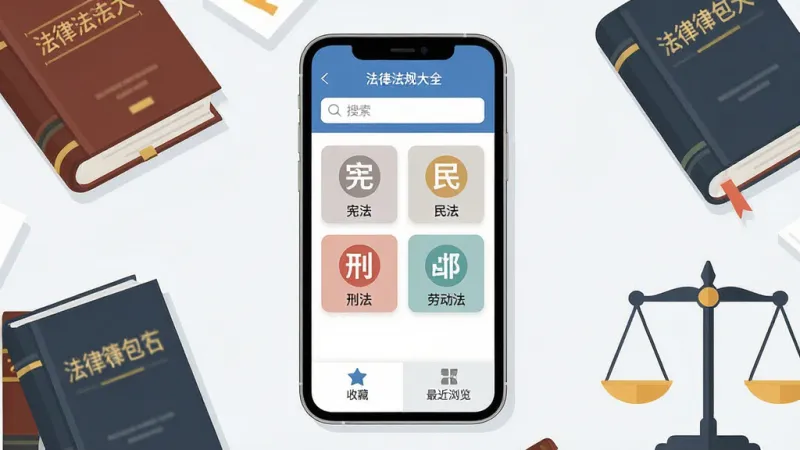 一张展示法律法规大全软件主界面的图片,画面中央是手机屏幕,屏幕内显示法律法规大全应用的主页,顶部有搜索框,中间是法律分类图标如宪法、民法、刑法、劳动法,底部是收藏和最近浏览选项卡,手机周围散落着法律书籍和天平元素,整体布局居中,风格现代扁平,细节干净,画质清晰,无多余元素
