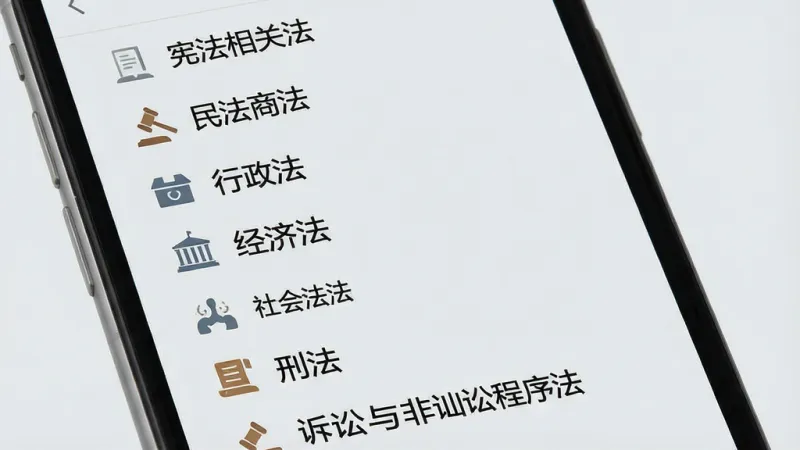 一张展示法律法规大全分类浏览界面的图片,画面主体是手机屏幕,屏幕内显示法律分类列表,包括宪法相关法、民法商法、行政法、经济法、社会法、刑法、诉讼与非诉讼程序法七个大类,每个类别旁有对应的图标,背景是浅灰色,风格简洁清爽,文字清晰可读,画质干净,无多余元素