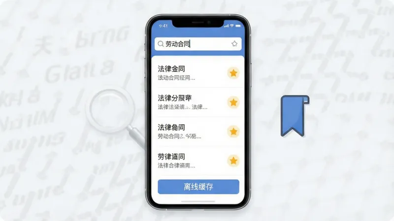 一张展示法律法规大全搜索与收藏功能的图片,画面中央是手机屏幕,屏幕内显示搜索框输入“劳动合同”后弹出的法律条文列表,每条结果右侧有星标收藏按钮,屏幕下方有“离线缓存”按钮,手机旁边有一个放大镜和书签图标,风格现代简约,布局清晰,画质干净,无多余元素