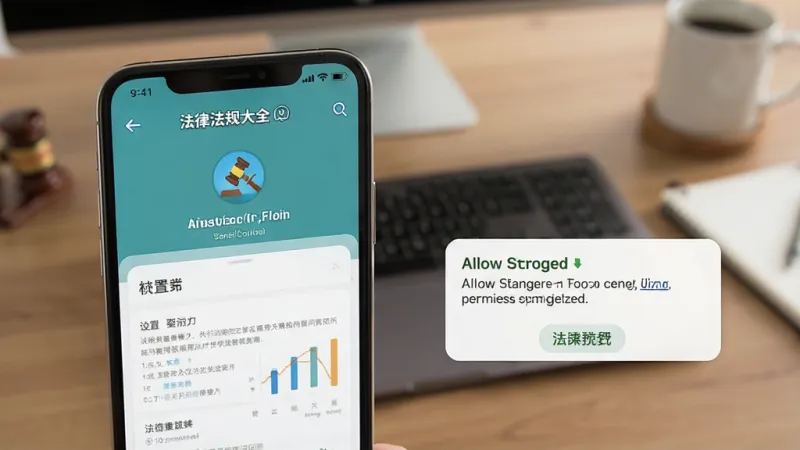 一张展示法律法规大全在手机上安装和权限设置的图片,画面中一部手机显示安装界面,旁边有权限弹窗提示允许存储访问,背景是桌面,风格写实,细节清晰,画质干净,无多余元素