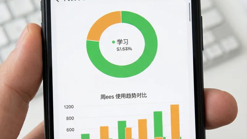一张展示学习数据报告的手机截图,画面中有一个圆环图表显示不同类别应用的时间占比,绿色代表学习,橙色代表娱乐,下方有简洁的柱状图对比一周使用趋势,整体风格清新明快,文字清晰可读,画质干净。