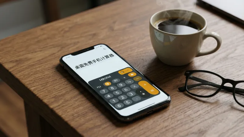 一张手机放在木质桌面上，屏幕亮起显示“桌面免费手机计算器”的界面，旁边放着一杯咖啡和一副眼镜，画面呈现一种安静办公的氛围，主体突出计算器界面，布局采用三分法构图，风格写实生活化，细节包括咖啡杯的热气和木纹质感，画质清晰，干净无多余元素