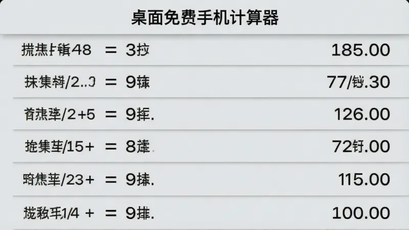一张手机屏幕截图风格的画面，展示“桌面免费手机计算器”的历史记录页面，一条条计算记录整齐排列，左侧是算式，右侧是结果，背景为浅灰色，文字清晰锐利，布局采用列表式排版，风格极简现代，细节包括记录之间的分割线和微小的阴影，画质干净，无多余元素