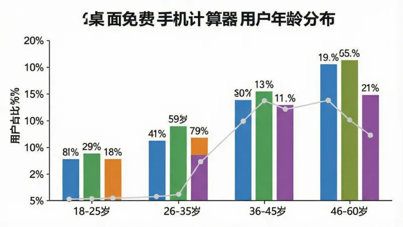 一张数据可视化图表，展示“桌面免费手机计算器”用户年龄分布，横轴为年龄段18-25岁、26-35岁、36-45岁、46-60岁，纵轴为用户占比百分比，采用柱状图形式，柱体颜色分别为蓝色、绿色、橙色、紫色，图表背景为白色，风格简洁商务，细节包括清晰的坐标轴刻度和数据标签，画质干净，无多余元素
