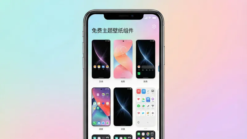 一张展示手机桌面美化效果的图片,画面中央是一部智能手机,屏幕上显示着“免费主题壁纸组件”的APP界面,界面里有多种风格的壁纸缩略图和桌面小组件预览,背景是柔和的渐变色彩,整体风格清新简洁,细节清晰,画质干净,没有多余元素