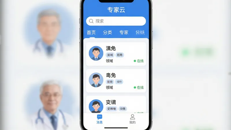 一张手机应用界面展示图,画面中央是“专家云”APP的主页面,顶部显示搜索框和分类标签,中间是专家列表卡片,每个卡片有头像、姓名、领域标签和在线状态,底部有消息和我的两个选项卡,整体配色以蓝白为主,风格简洁现代,扁平化设计,图标圆润,画质干净清晰,无多余元素