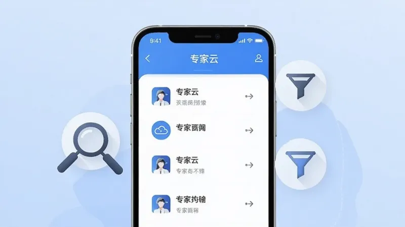 一张AI生成的插画,画面中一部手机屏幕显示“专家云”APP的专家列表页面,旁边漂浮着放大镜和筛选漏斗图标,背景是浅蓝色渐变,风格简洁科技感,画质清晰,无多余元素