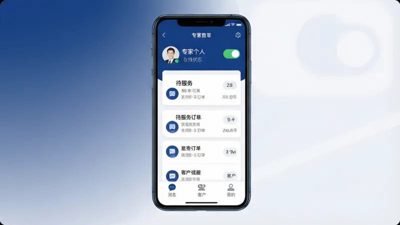 一张展示“专家云专家端”应用核心界面的手机屏幕截图,主体是一部现代智能手机,屏幕显示应用主界面,布局包含顶部专家个人头像和在线状态开关,中间卡片式展示待服务订单列表,底部为消息、客户、我的三个导航标签,排版简洁清晰,风格为现代商务扁平化设计,细节上采用深蓝与白色为主色调,图标圆润,画质高清,画面干净,无多余元素。