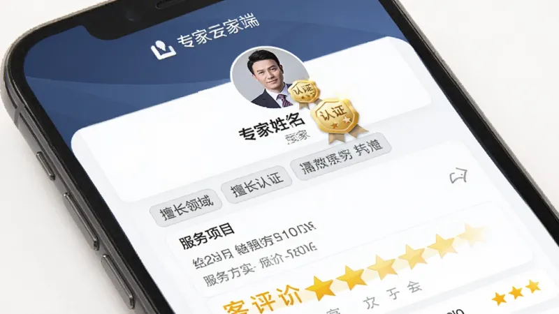 一张展示“专家云专家端”专家个人主页界面的手机截图,主体为手机屏幕,布局从上到下依次为专家头像、姓名、认证徽章、擅长领域标签、服务项目列表和客户评价星级,排版整齐,风格为专业商务风,细节上认证徽章带有金色光泽,评价星级为亮黄色,画质清晰,背景干净,无多余元素。