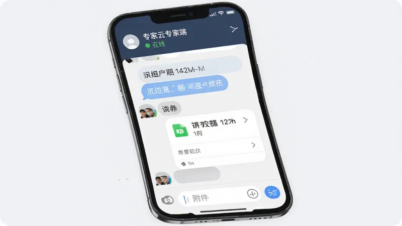 一张展示“专家云专家端”聊天沟通界面的手机截图,主体为手机屏幕,布局为顶部显示客户姓名和在线状态,中间是对话气泡列表,包含文字消息和文件传输卡片,底部为输入框和附件按钮,排版清晰,风格为现代即时通讯风格,细节上文件卡片带有文件类型图标和大小标注,画质高清,背景干净,无多余元素。