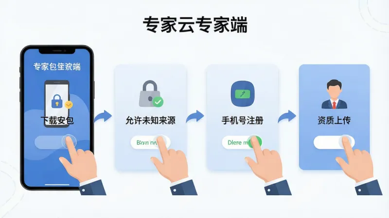 一张展示“专家云专家端”安装注册流程的示意图,主体为手机屏幕和操作手势,布局从左到右依次为下载安装包、允许未知来源、手机号注册、资质上传四个步骤卡片,排版为横向流程图,风格为扁平化教程插画,细节上每个步骤配有简洁图标和文字标注,画质清晰,背景干净,无多余元素。