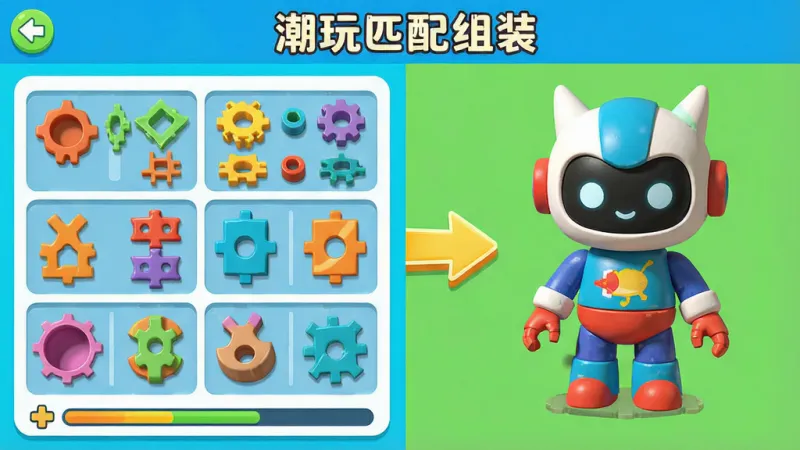 一张展示潮玩匹配组装游戏内零件库和组装过程的图片，画面左侧是分类整齐的零件面板，右侧是正在组装的半成品潮玩，中间有箭头指示匹配路径，主体为“潮玩匹配组装”游戏界面，布局采用左右分栏排版，风格为明亮活泼的UI设计，细节包括不同形状的接口、颜色各异的零件、进度条，画质清晰，干净，无多余元素