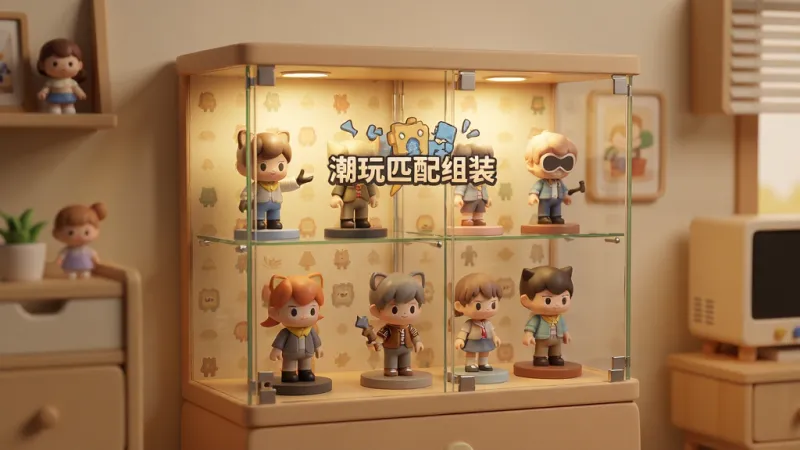 一张展示潮玩匹配组装游戏内个性化展示柜的图片，画面中央是一个精致的3D玻璃展示柜，柜子里摆放着多个造型各异的组装完成的潮玩手办，主体为“潮玩匹配组装”的展示界面，布局采用居中构图，风格为温馨的室内场景，细节包括可更换的壁纸、灯光效果、手办底座，画质高清，干净，无多余元素