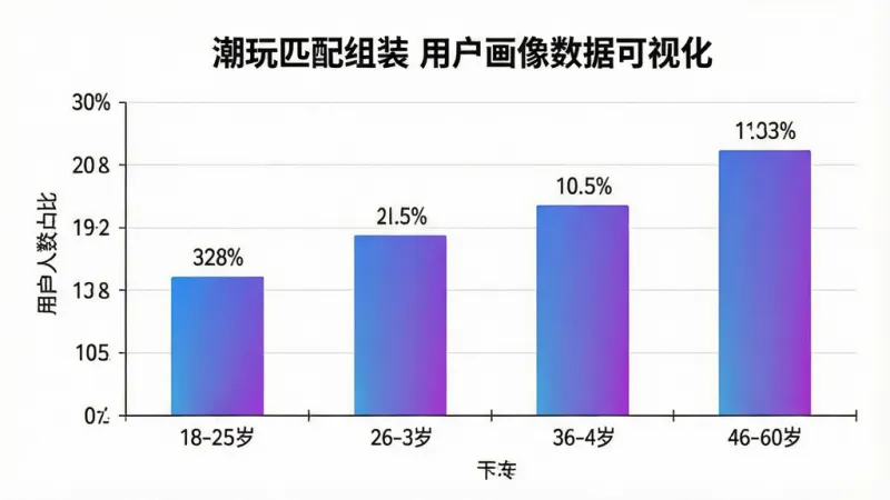 一张潮玩匹配组装用户年龄分布的柱状图，横轴为年龄段18-25岁、26-35岁、36-45岁、46-60岁，纵轴为用户人数占比，柱状图颜色为渐变的蓝色和紫色，主体为“潮玩匹配组装”用户画像数据可视化，布局采用标准图表排版，风格为简洁商务风，细节包括清晰的坐标轴标签、数据百分比标注，画质高清，干净，无多余元素
